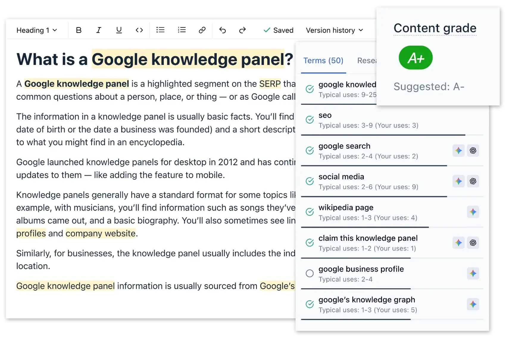 Clearscope editor with the report card on the right showing the letter grade, the target term list, the word count benchmark, and the readability score