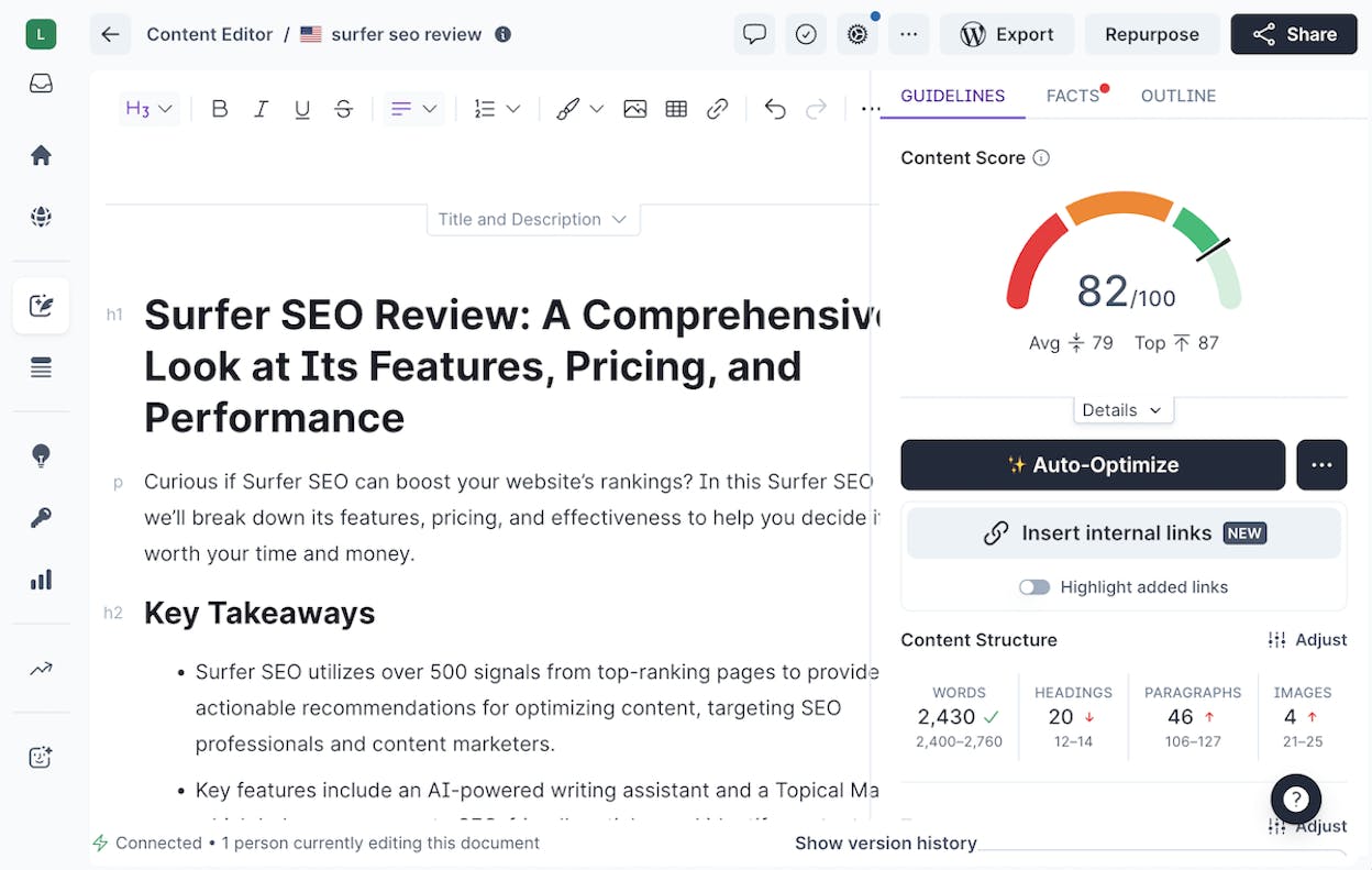 SurferSEO Content Editor showing live content score, keyword targets, and structure recommendations alongside a drafted article
