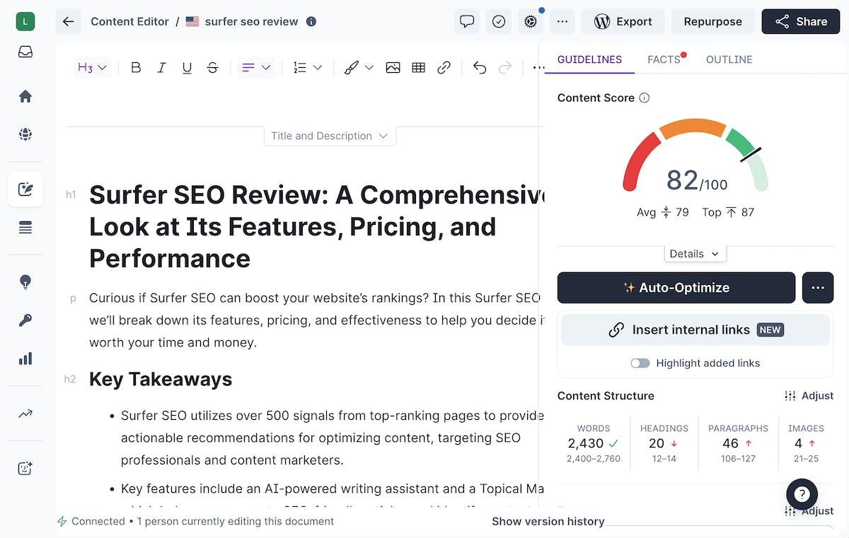 SurferSEO Content Editor showing live content score, keyword targets, and structure recommendations alongside a drafted article