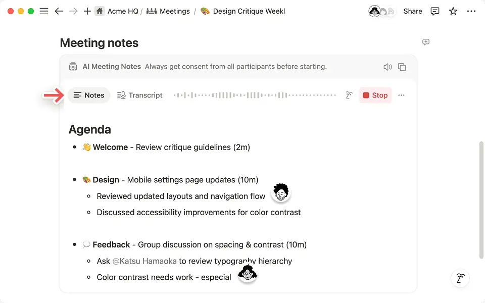 Notion AI generating tasks from raw meeting notes inside a workspace page