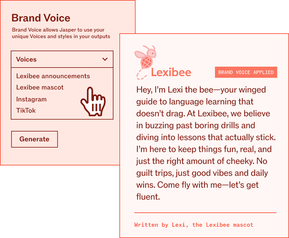 Jasper brand voice settings panel and template library