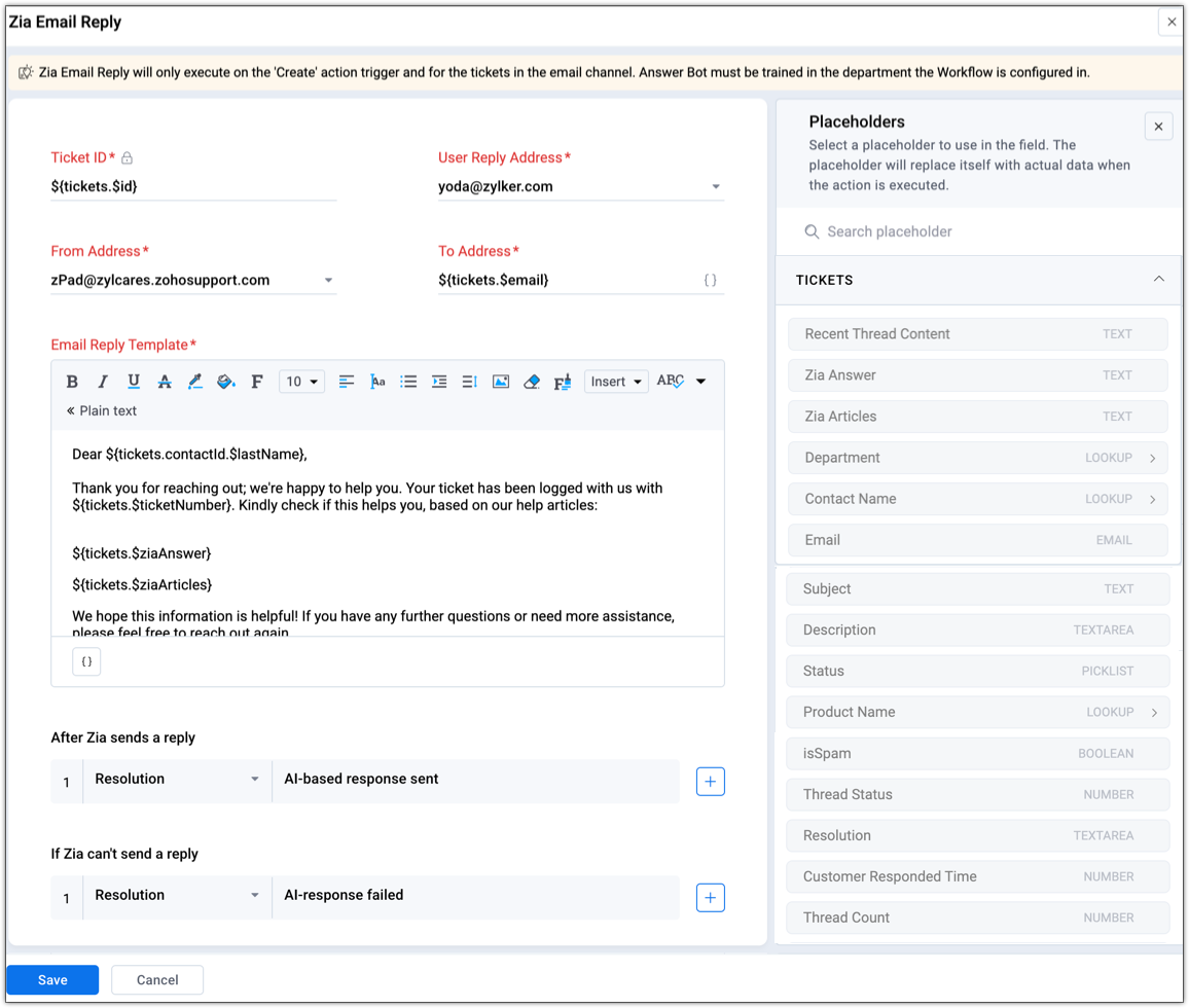 Zia AI drafting a reply inside Zoho Mail and extracting tasks from a thread