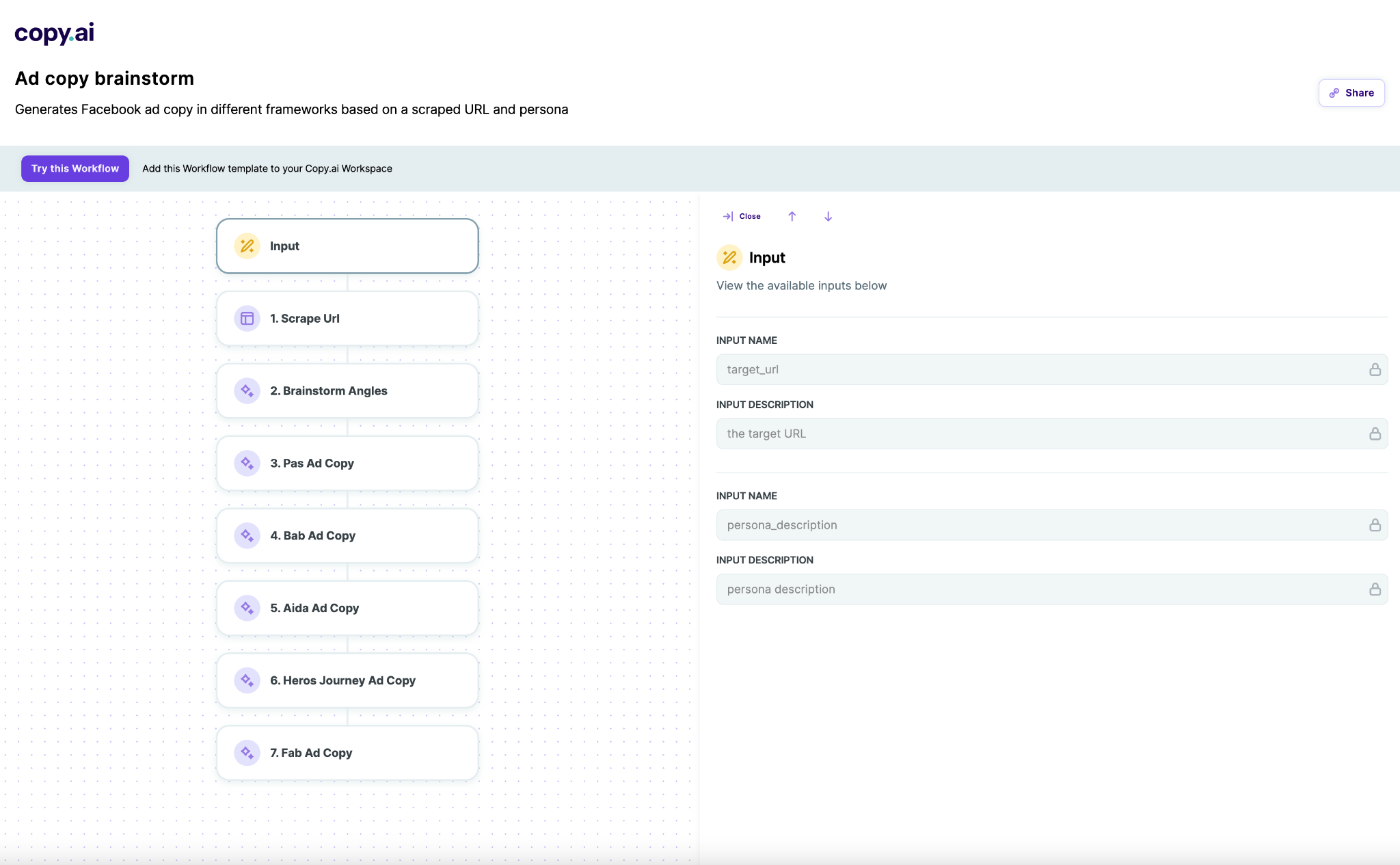 Copy.ai workflow generating multiple ad variations from a single campaign brief
