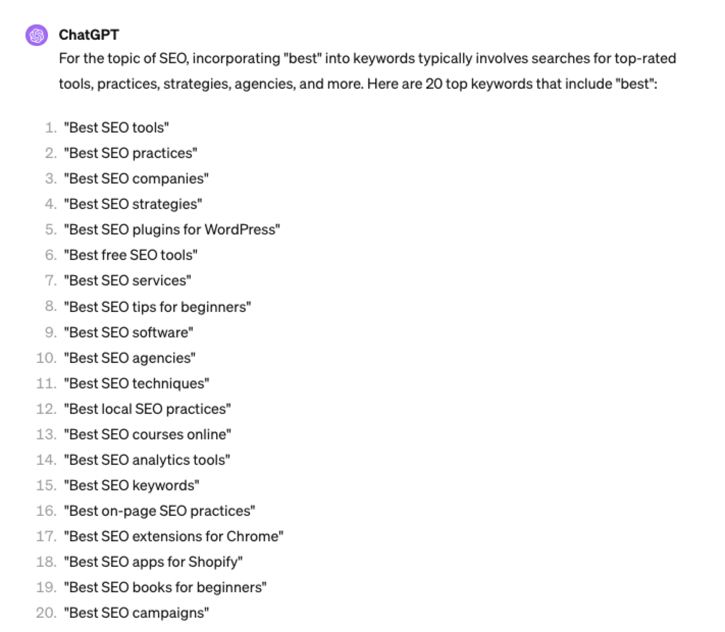ChatGPT response showing three columns of keywords grouped by intent, with the prompt visible at the top