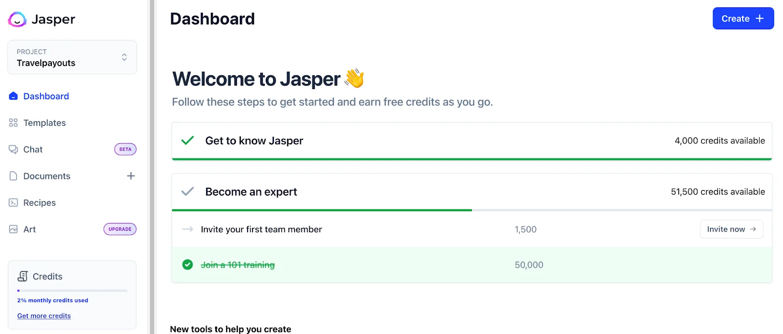 Jasper AI dashboard with brand voices and templates
