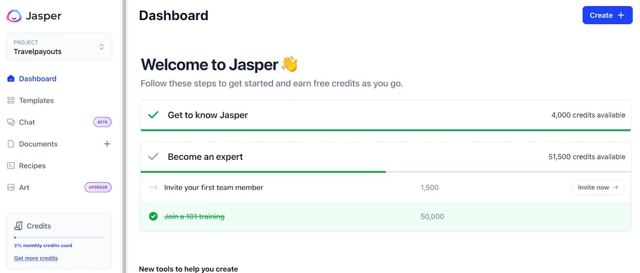 Jasper AI dashboard with brand voices and templates