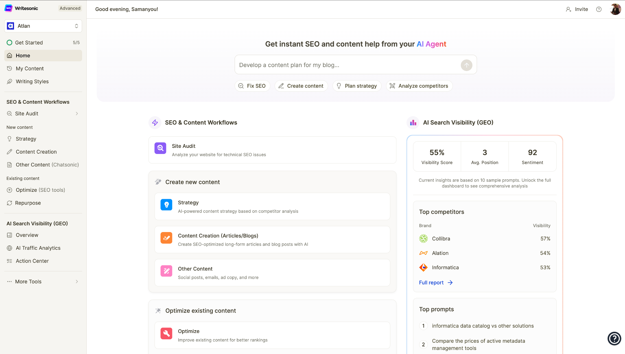 Writesonic AI Article Writer with keyword fields, outline preview, and SEO score panel