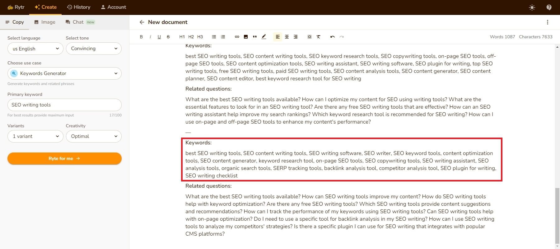 Rytr editor with use case selector, tone dropdown, and language picker