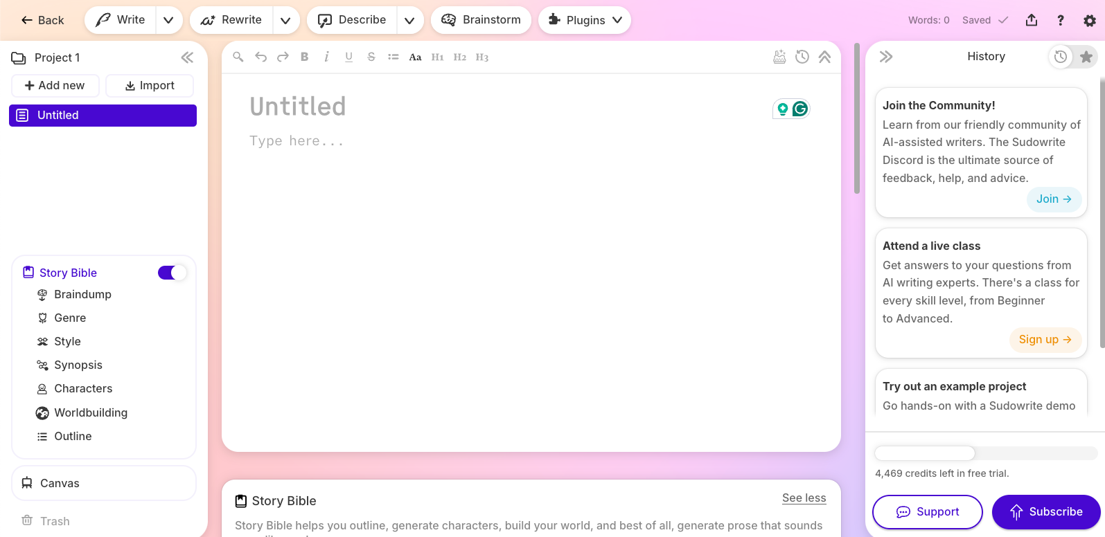 Sudowrite Story Bible with characters, settings, and scene drafting tools