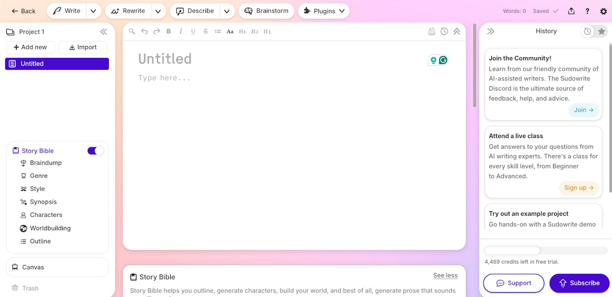 Sudowrite Story Bible with characters, settings, and scene drafting tools