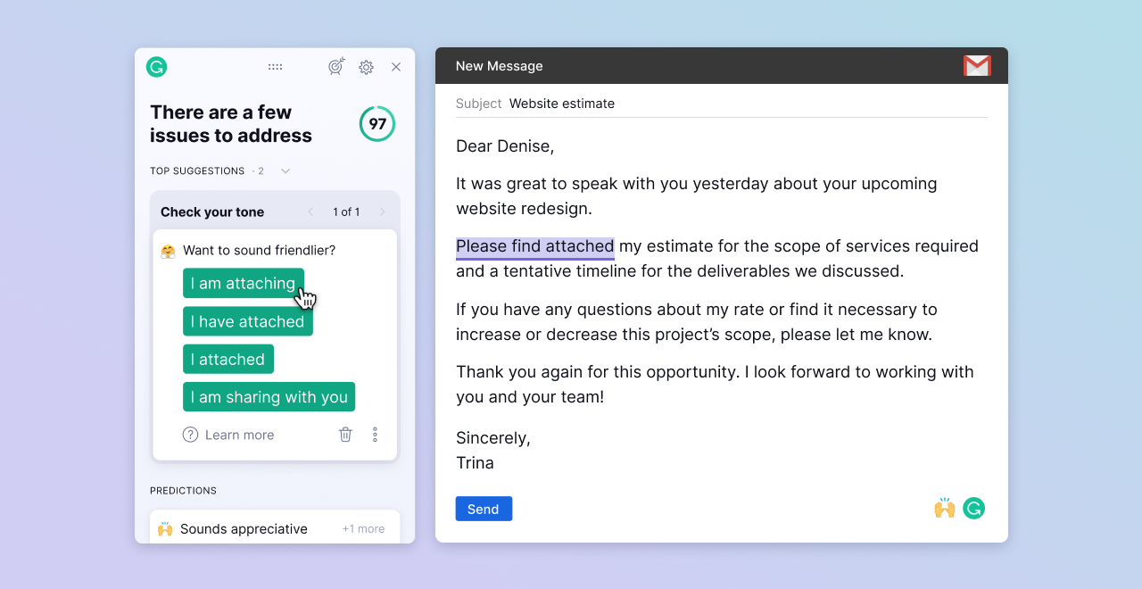 Grammarly browser sidebar with tone suggestions and rewrite recommendations on a draft
