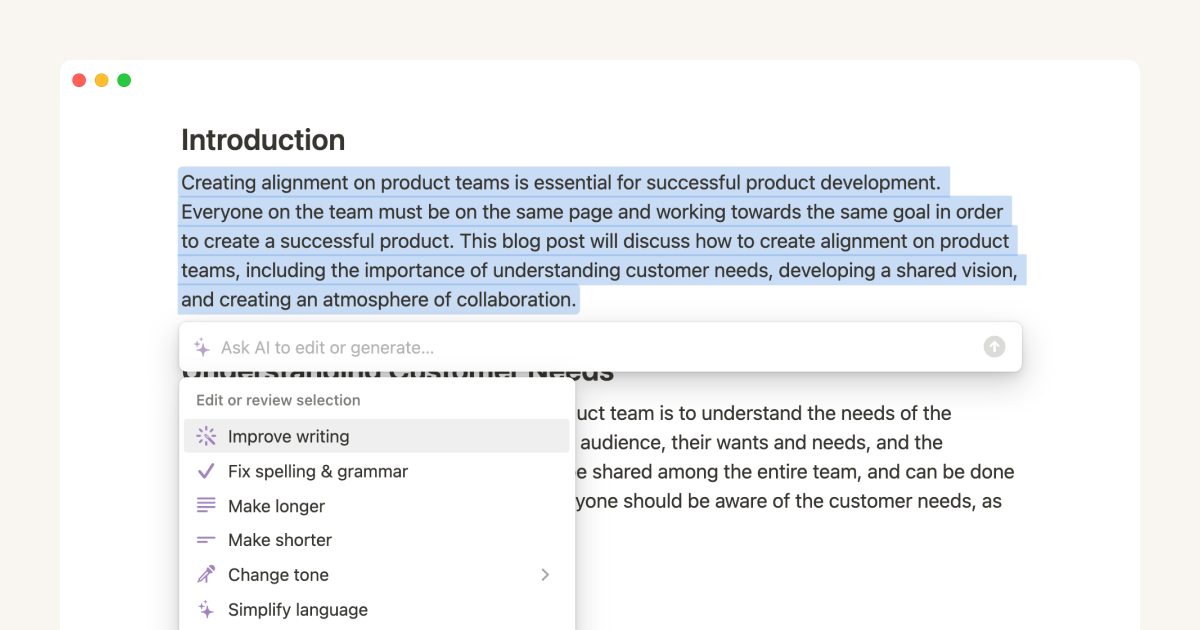 Notion document with the Ask AI sidebar open showing summary, action items, and rewrite options