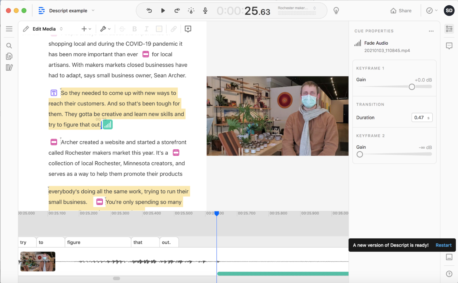 Descript editor showing a transcript on the left and the corresponding video timeline on the right