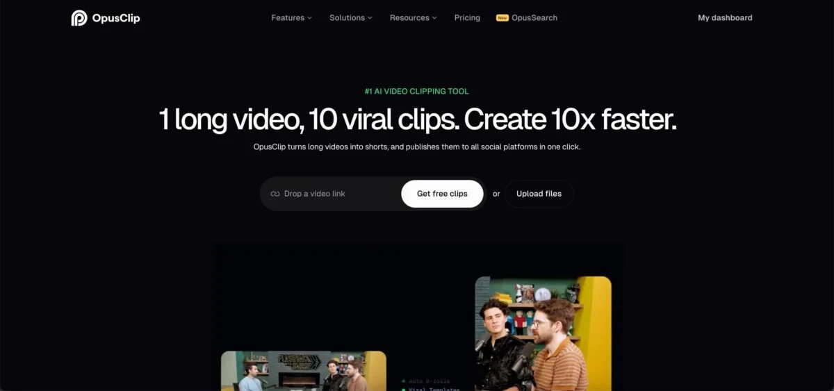 OpusClip dashboard showing a long video uploaded with multiple AI-selected clips each scored for virality