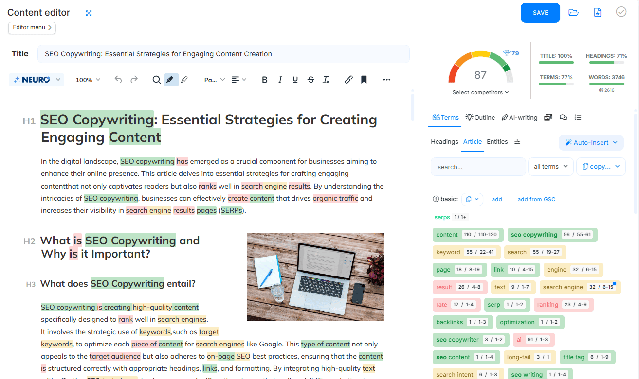 NeuronWriter editor sidebar showing semantic terms with usage counts highlighted, and a real-time content score bar climbing as the writer adds entities to the draft