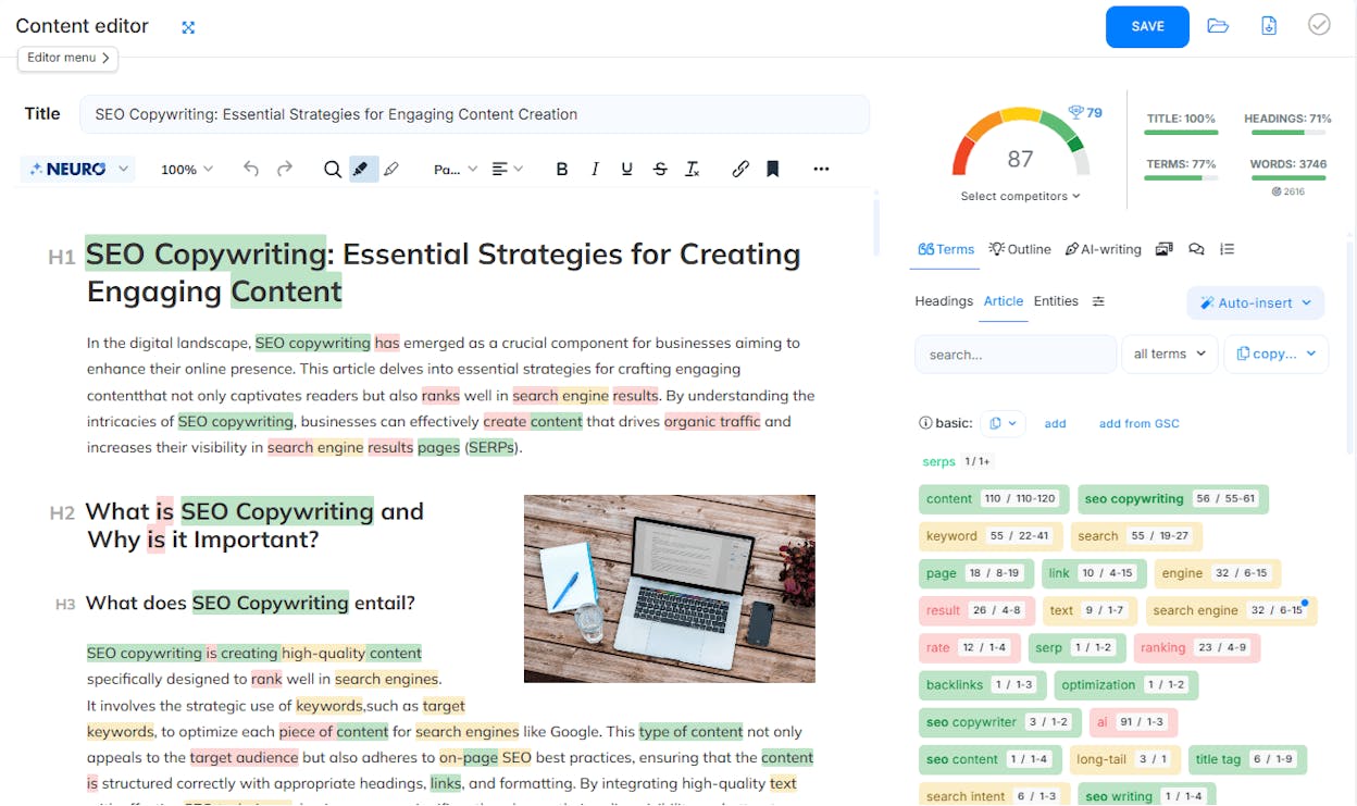 NeuronWriter editor sidebar showing semantic terms with usage counts highlighted, and a real-time content score bar climbing as the writer adds entities to the draft