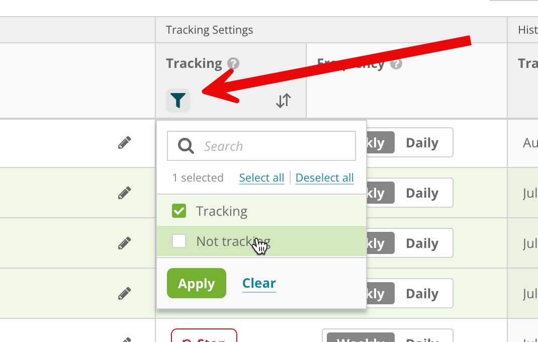 Conductor settings or workspace configuration screen showing dense filter and tracking options
