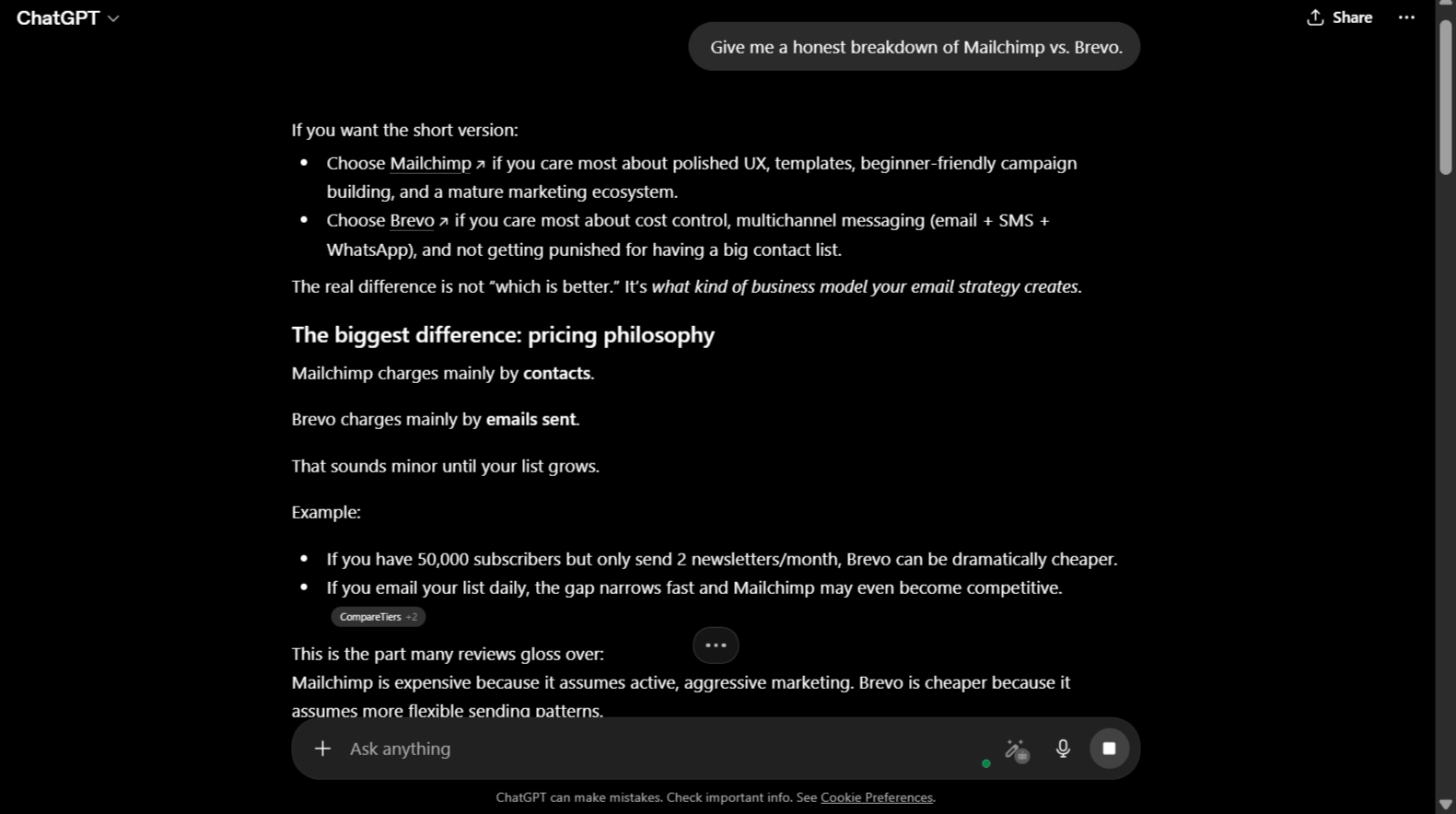 Someone querying ChatGPT with a brand-comparison prompt and reviewing the AI-generated response for brand mentions