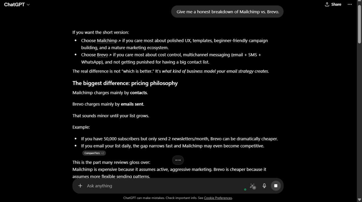 Someone querying ChatGPT with a brand-comparison prompt and reviewing the AI-generated response for brand mentions