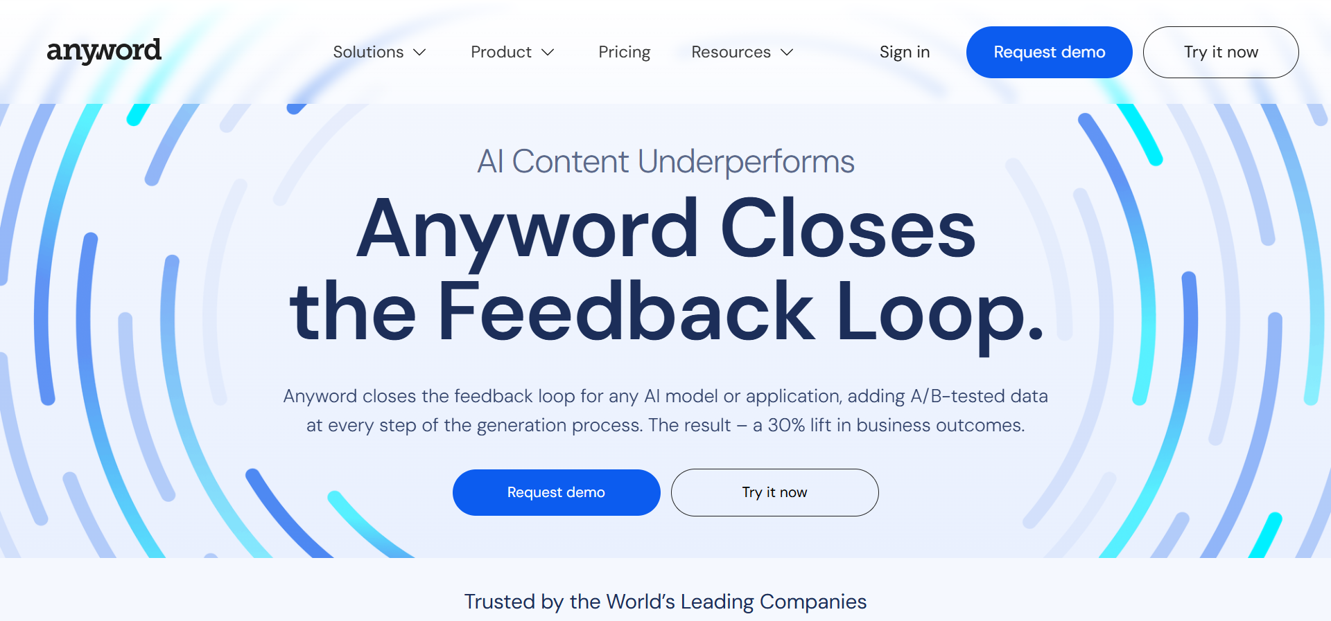 Anyword Predictive Performance Score panel showing multiple ad variations with conversion-likelihood scores.
