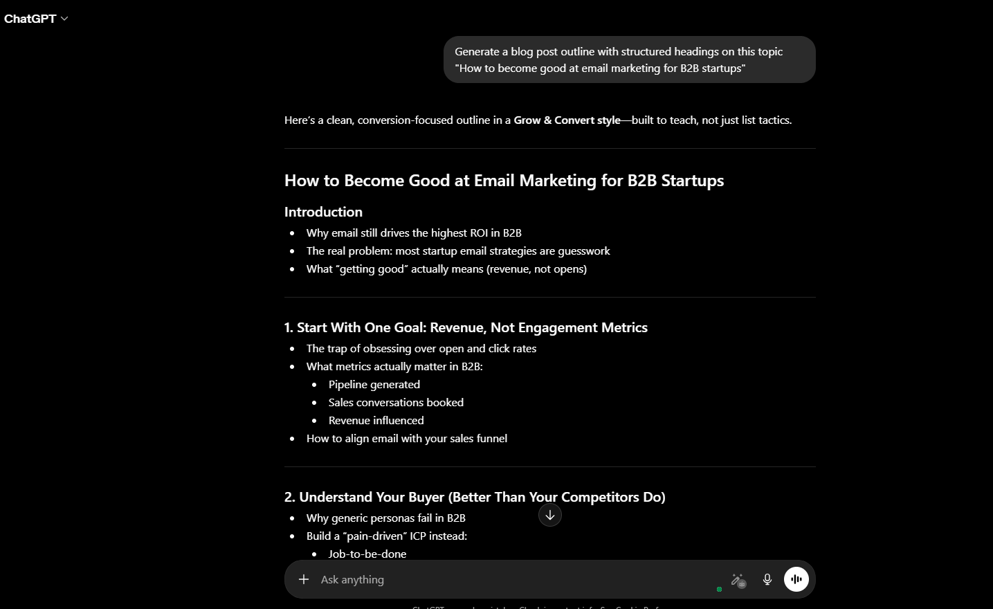 ChatGPT generating a blog post outline with structured headings