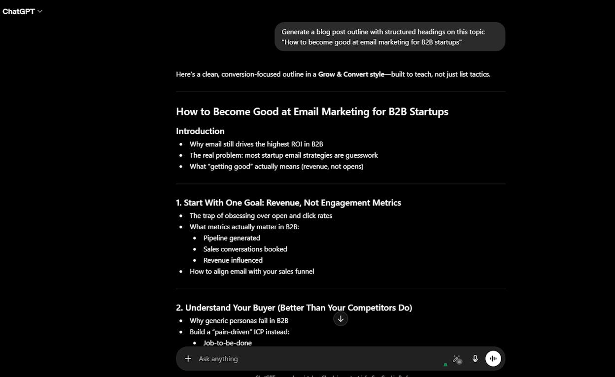ChatGPT generating a blog post outline with structured headings