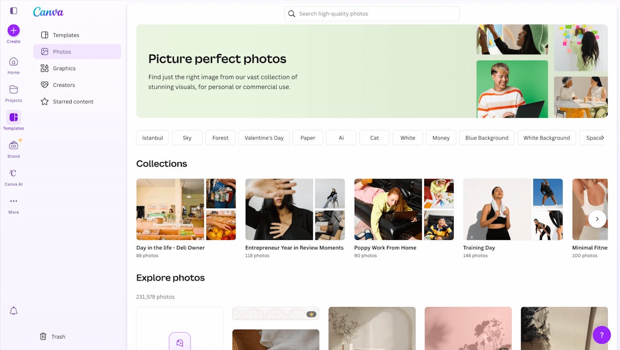 Canva template library showing design categories for social posts, presentations, and marketing materials