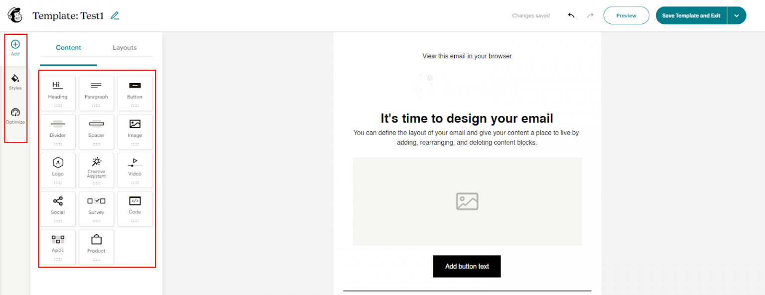 Mailchimp email builder showing drag-and-drop content blocks and email preview