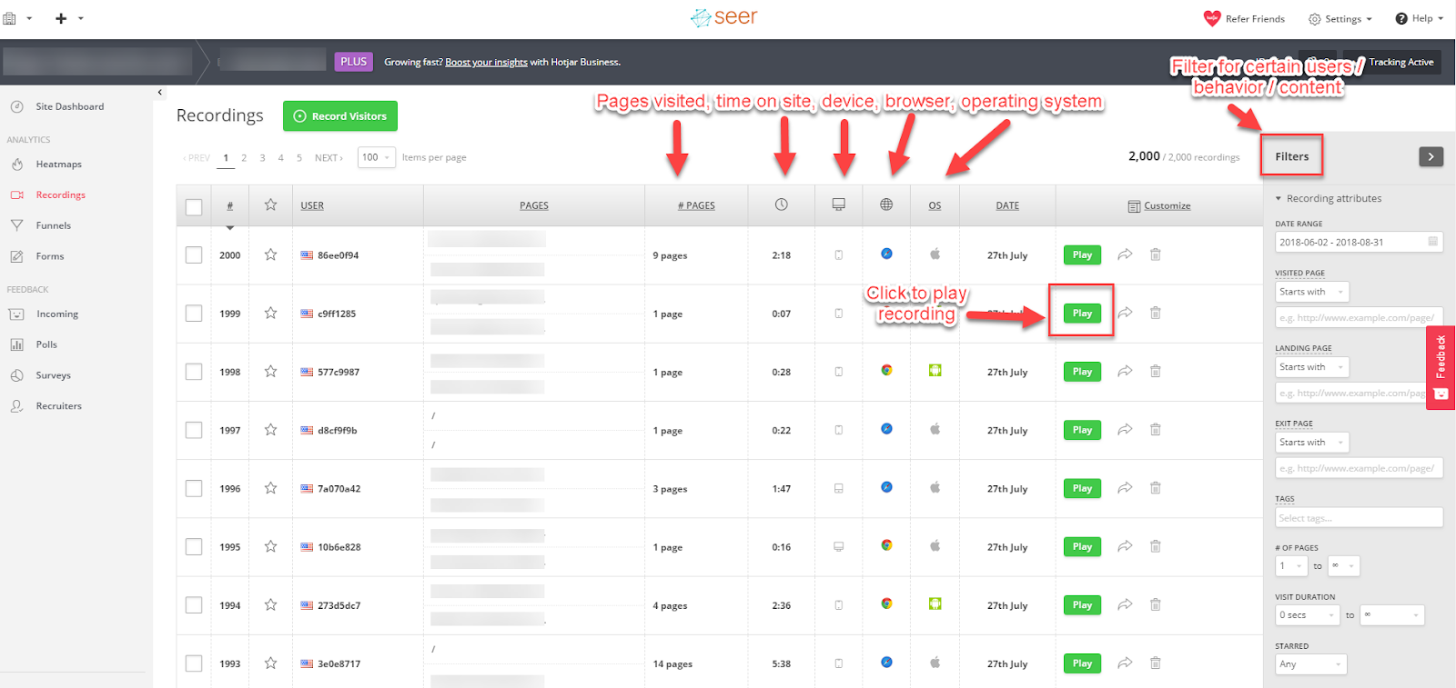 Hotjar heatmap showing click distribution on a landing page