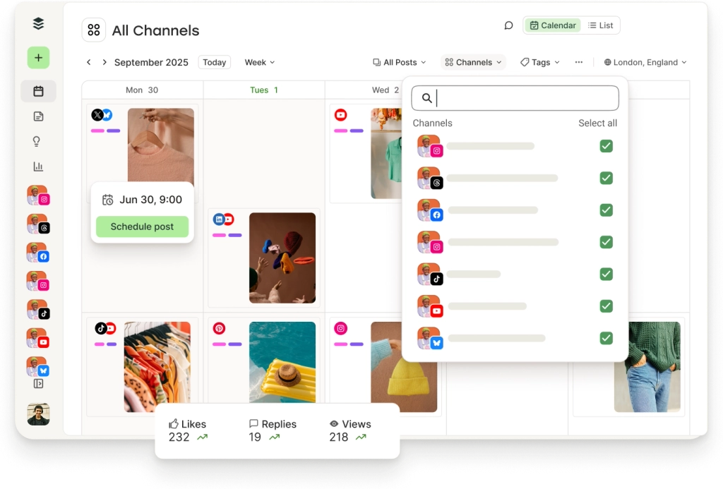 Buffer scheduling queue showing planned posts across multiple social channels