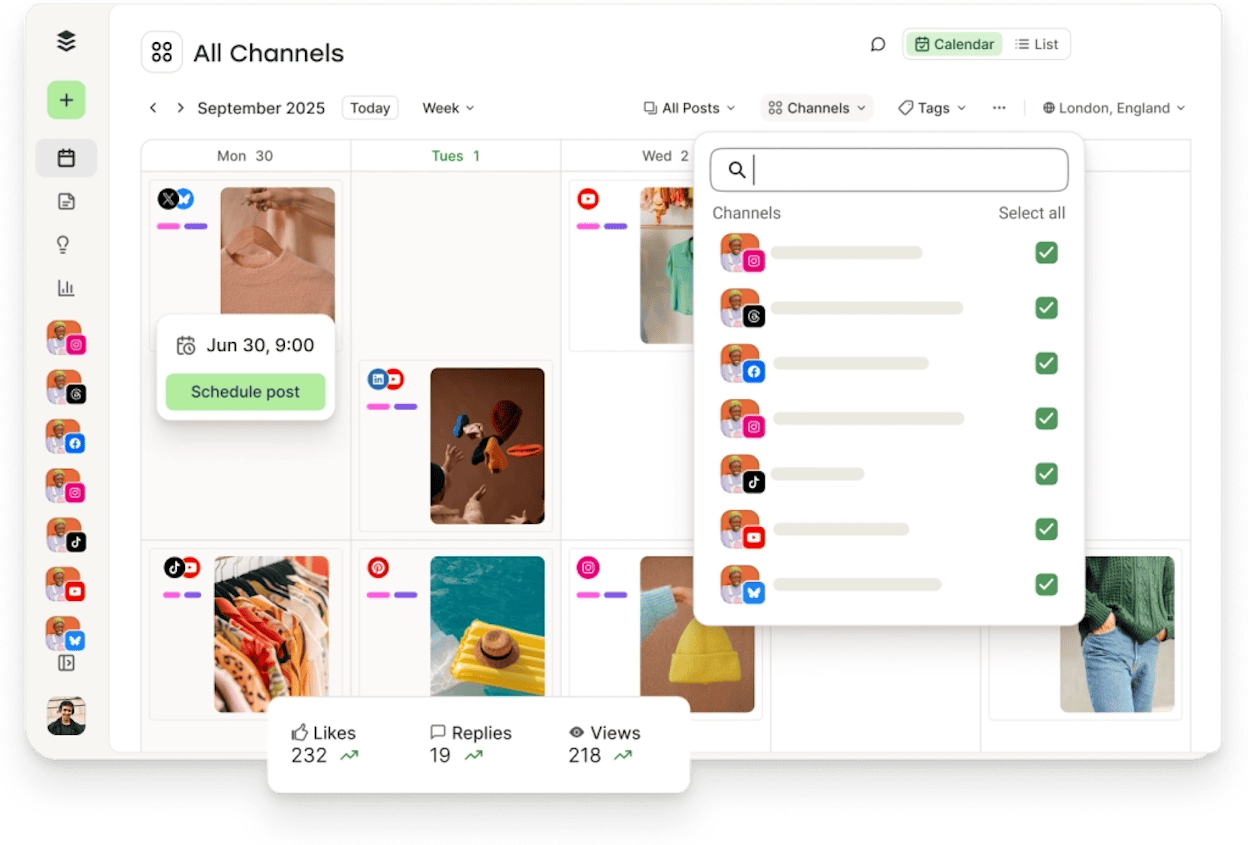 Buffer scheduling queue showing planned posts across multiple social channels