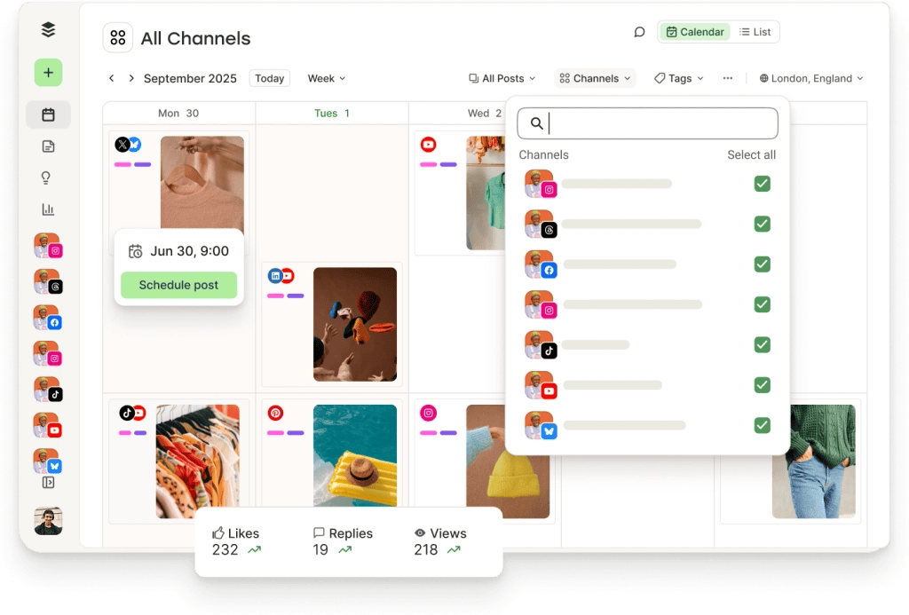 Buffer scheduling queue showing planned posts across multiple social channels