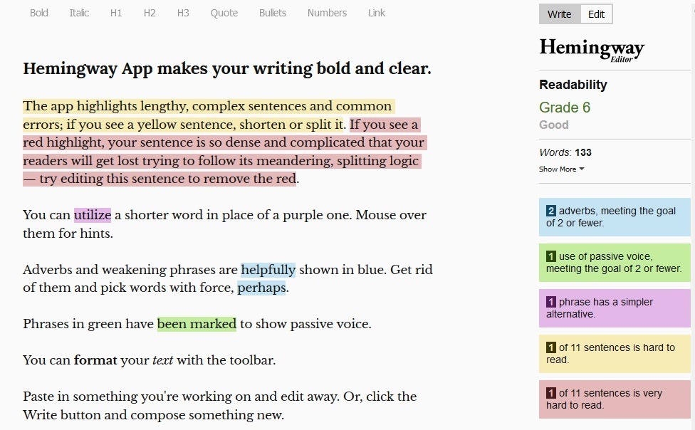Hemingway Editor showing highlighted sentences with readability suggestions and grade level score