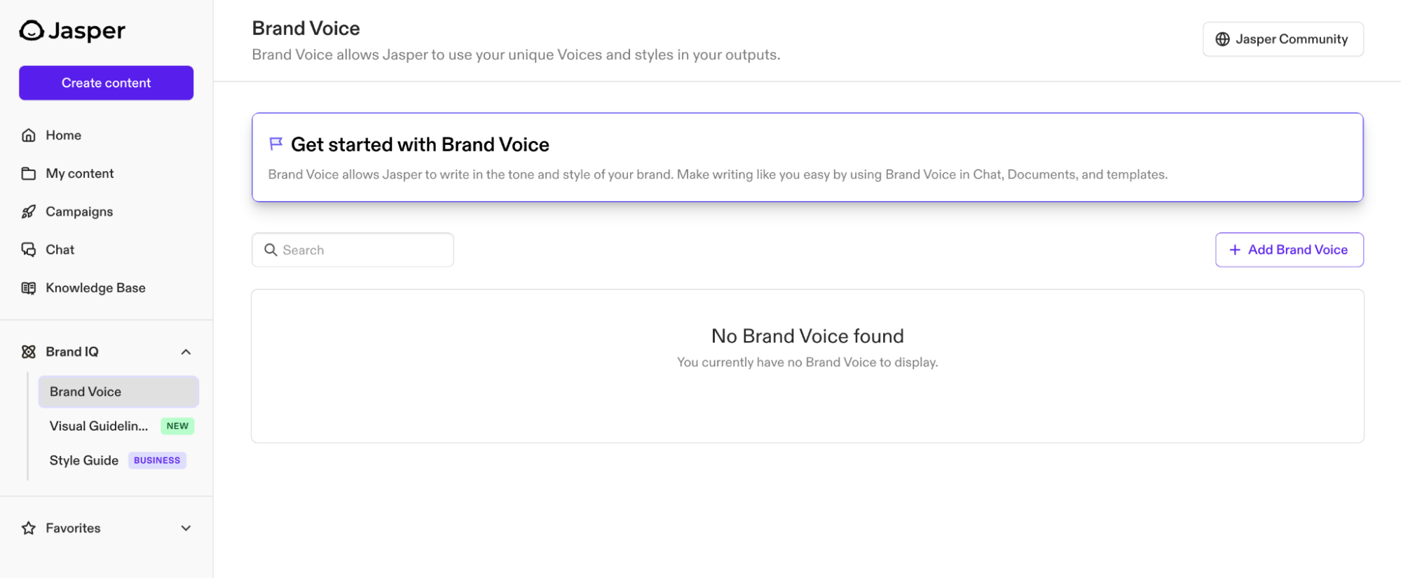 Jasper Brand Voice settings showing tone, audience, and example content fed in for voice training, with a generated ad variation on the right
