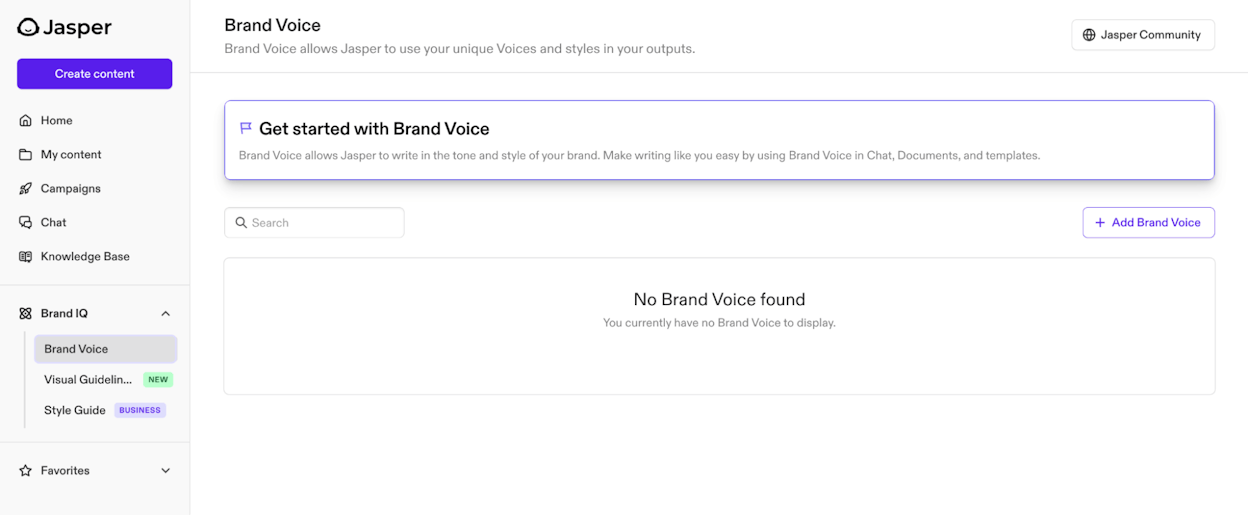 Jasper Brand Voice settings showing tone, audience, and example content fed in for voice training, with a generated ad variation on the right
