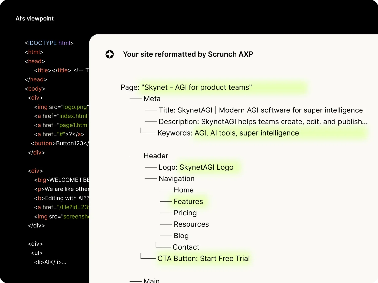 Scrunch AI’s AXP platform showing dual-layer site optimization for AI crawlers