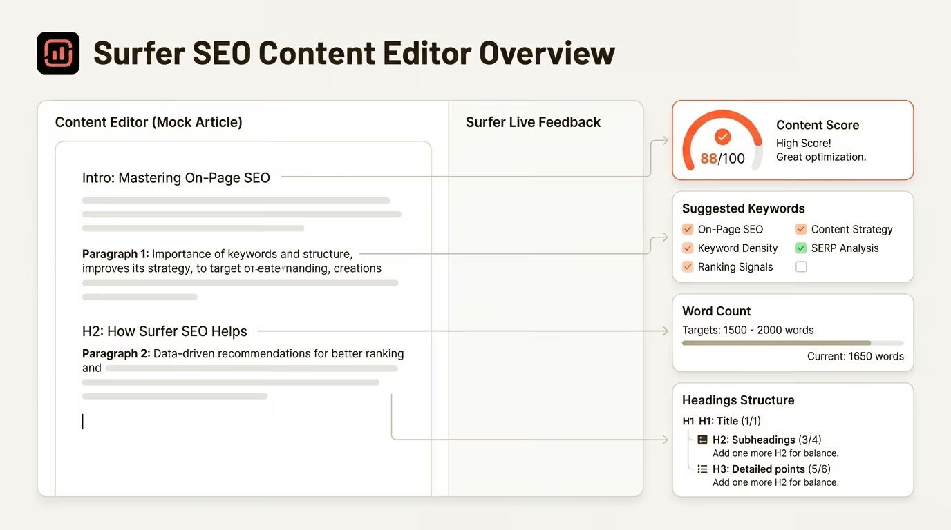Surfer SEO Content Editor showing a draft, the live content score on the right, and recommended terms with usage counts.
