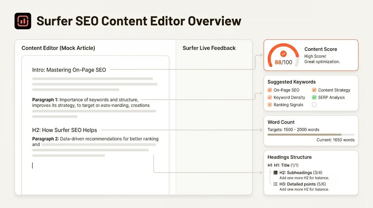 Surfer SEO Content Editor showing a draft, the live content score on the right, and recommended terms with usage counts.