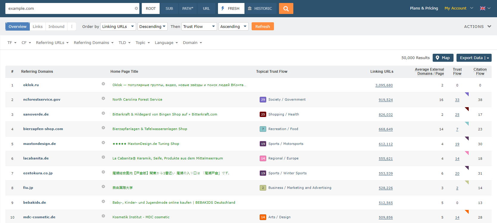 Majestic Site Explorer showing Trust Flow, Citation Flow, and referring domain data