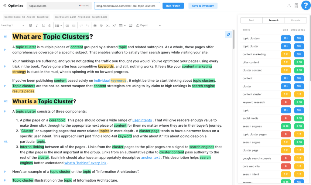 MarketMuse topic model showing content gaps, difficulty scores, and cluster recommendations