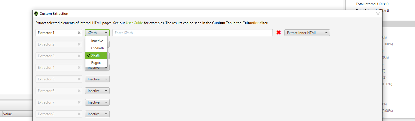 Screaming Frog custom extraction setup panel with XPath rules and the resulting export tab