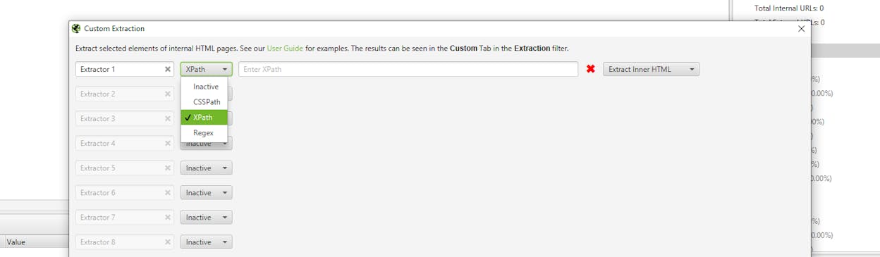 Screaming Frog custom extraction setup panel with XPath rules and the resulting export tab