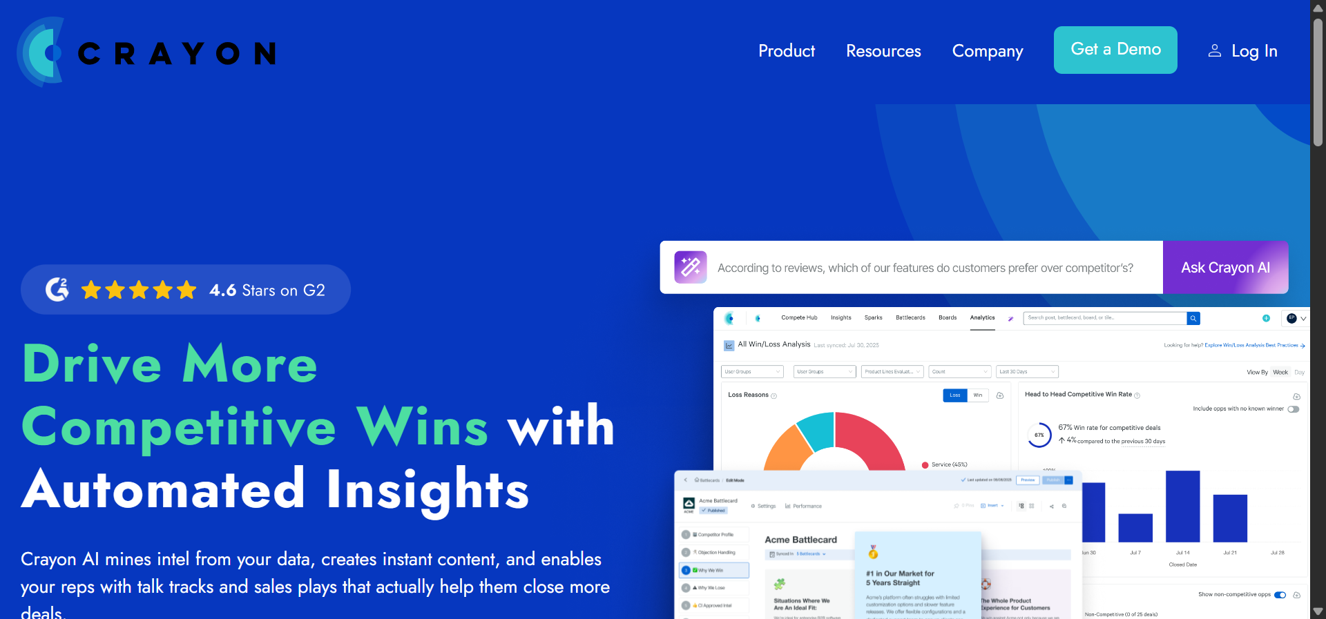 Crayon competitor profile showing recent website changes, pricing page updates, content launches, and a battlecard with positioning notes
