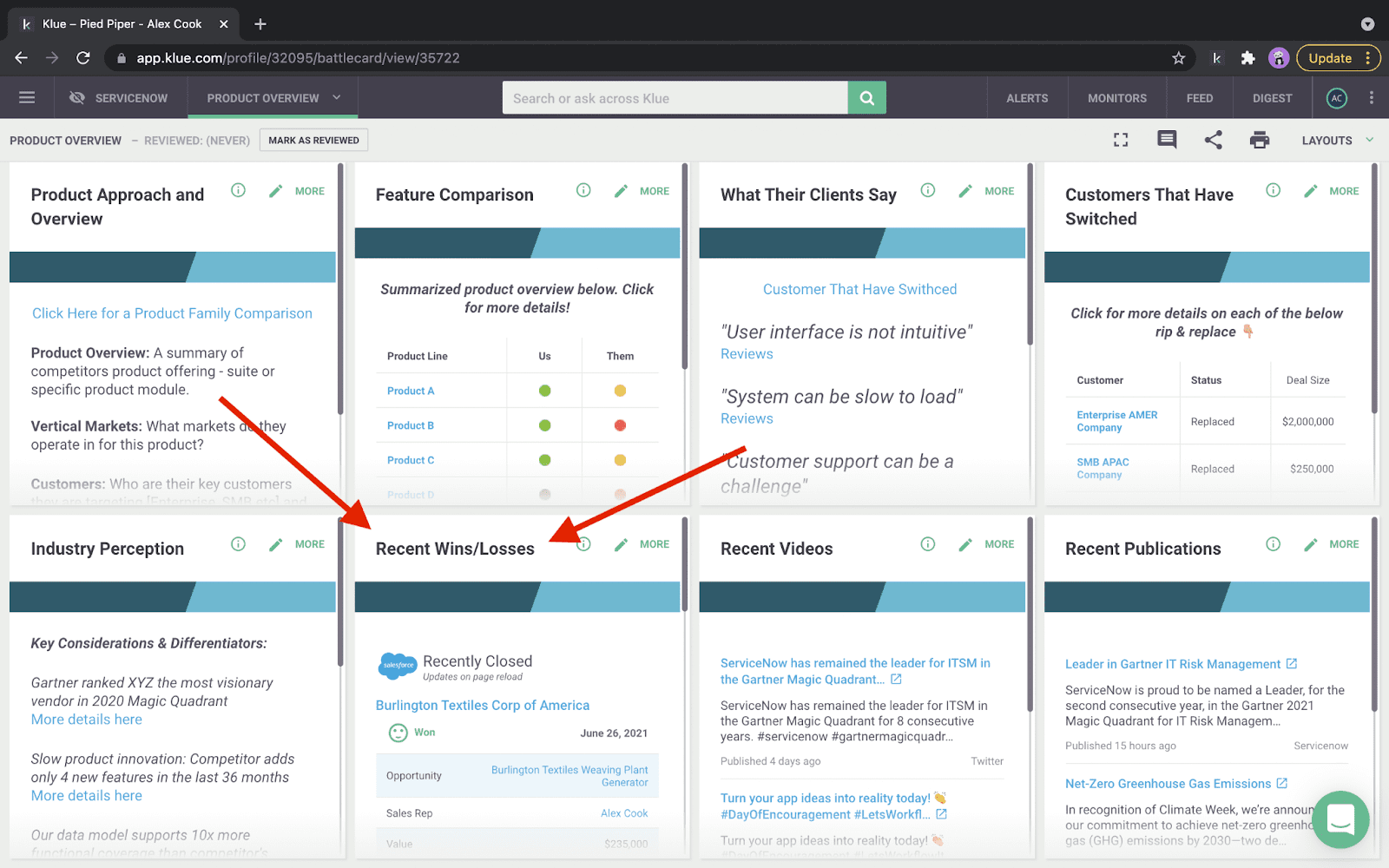 Klue battlecard inside Salesforce showing competitor strengths, weaknesses, objection handlers, and links to win/loss notes