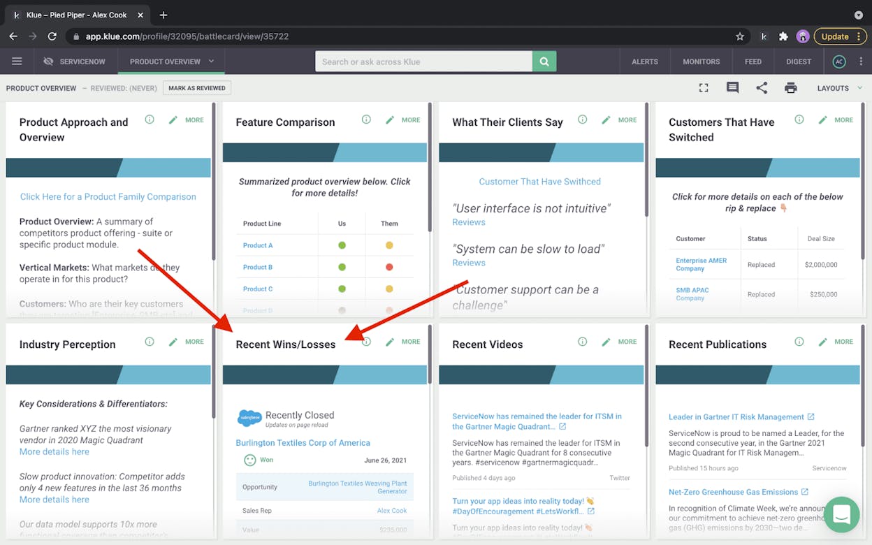Klue battlecard inside Salesforce showing competitor strengths, weaknesses, objection handlers, and links to win/loss notes