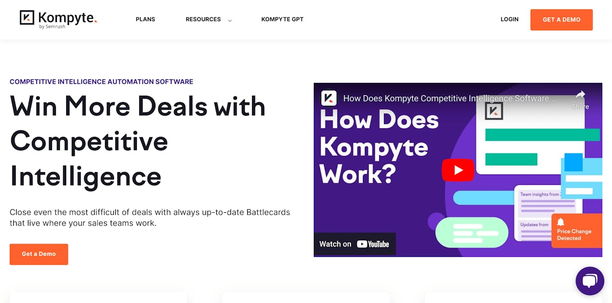 Kompyte competitor activity feed with AI-filtered updates flagged &ldquo;high impact,&rdquo; including a pricing page change and a new product launch