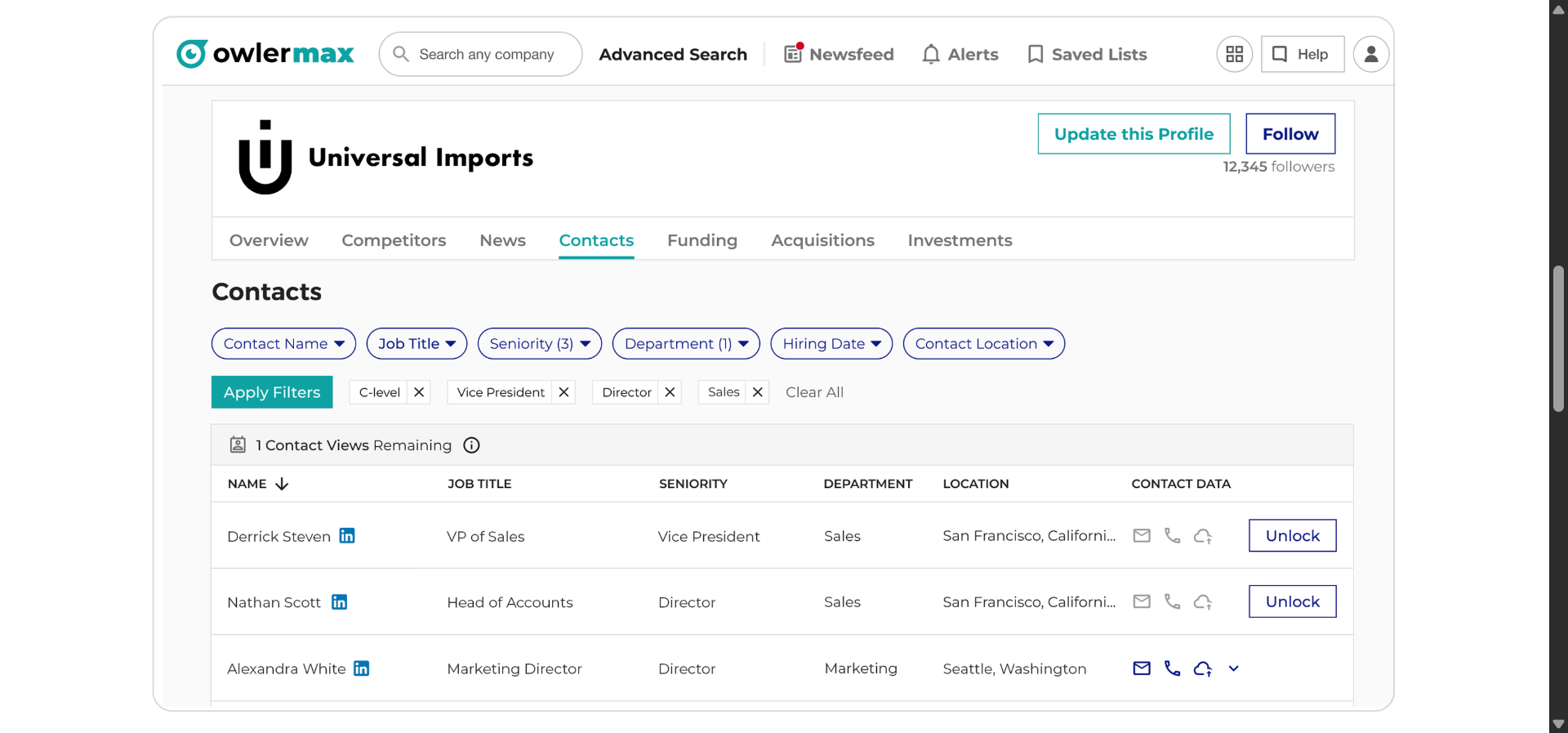 Owler dashboard with a daily feed of funding rounds, leadership changes, M&A news, and headlines across a tracked competitor and account list.