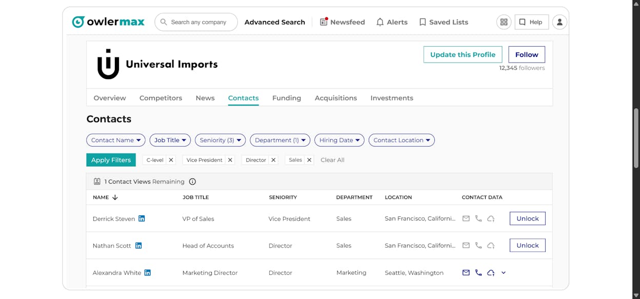 Owler dashboard with a daily feed of funding rounds, leadership changes, M&A news, and headlines across a tracked competitor and account list.