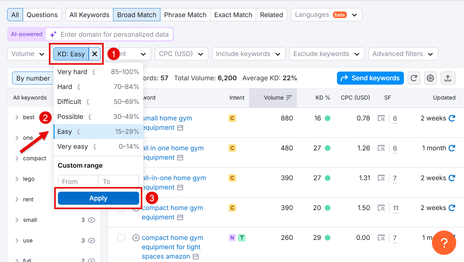 keyword research tool interface showing expanded keyword suggestions from a seed keyword, with columns for volume, difficulty, and intent
