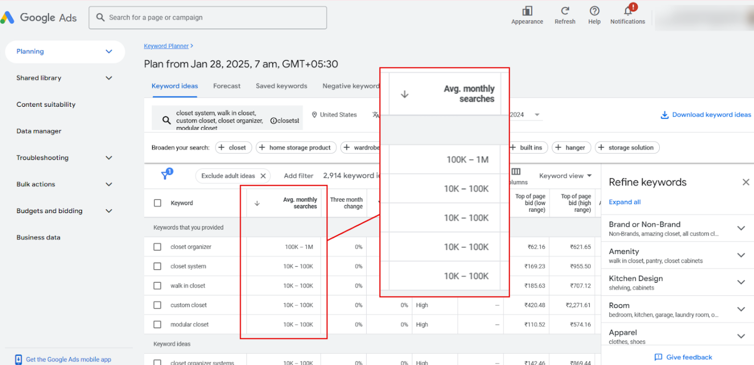 Google Keyword Planner “Discover new keywords” interface with seed keywords entered and the results table showing average monthly searches, competition, and bid ranges